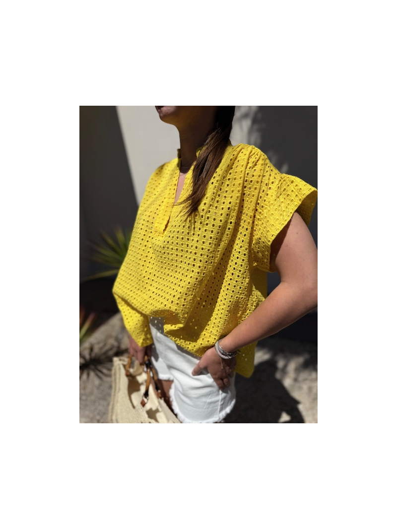 Blouse coton ajouré femme jaune – coupe ample taille unique | Sud Access