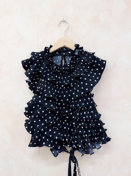 Top dos nu noir à petit pois blanc à volants plissés Lovely – top femme élégant et tendance