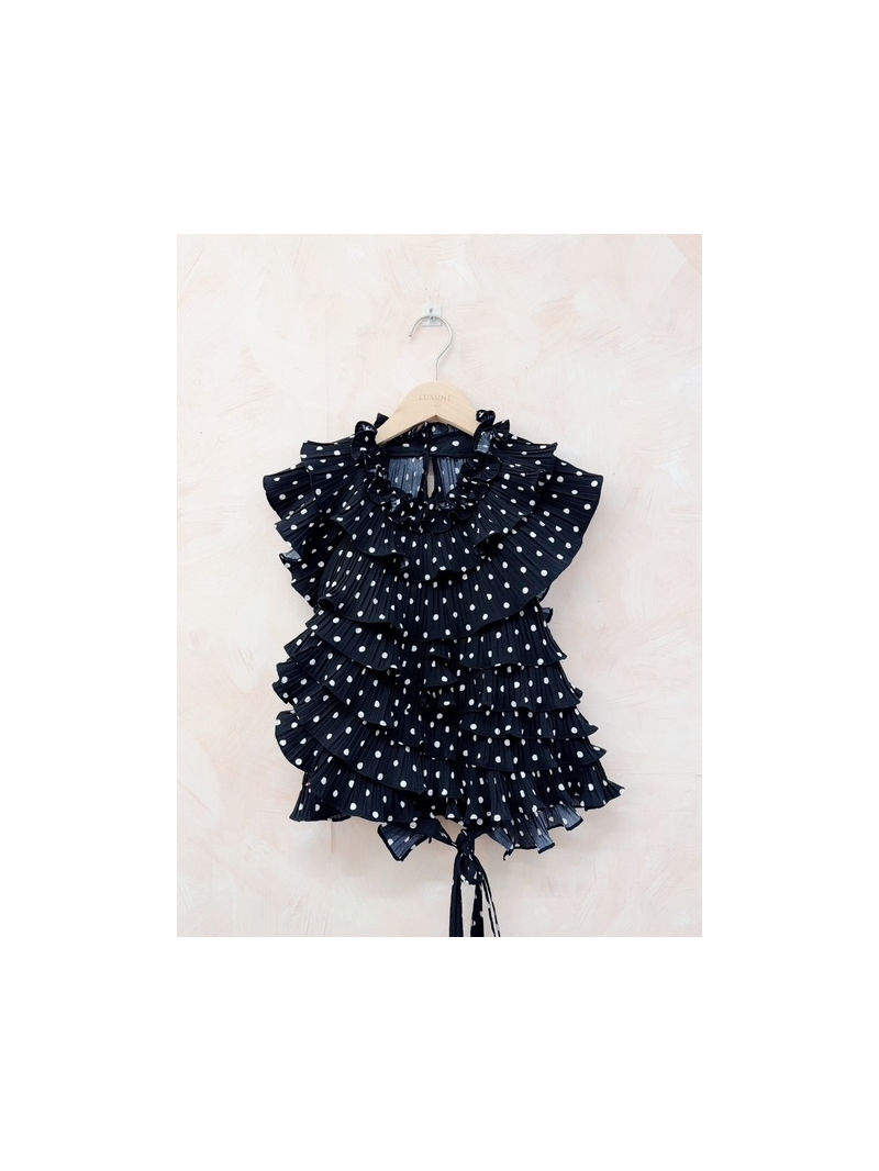 Top dos nu noir à petit pois blanc à volants plissés Lovely – top femme élégant et tendance Top dos nu noir à petit pois blanc à volants plissés Lovely – top femme élégant et tendance