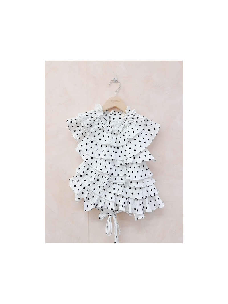 Top dos nu blanc à petit pois noir à volants plissés Lovely – top femme élégant et tendance Top dos nu blanc à petit pois noir à volants plissés Lovely – top femme élégant et tendance