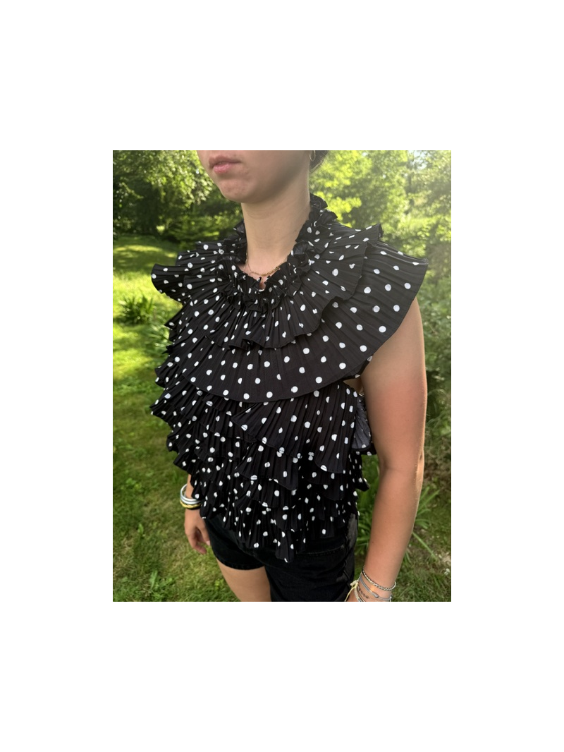 Top dos nu noir à petit pois blanc à volants plissés Lovely – top femme élégant et tendance
