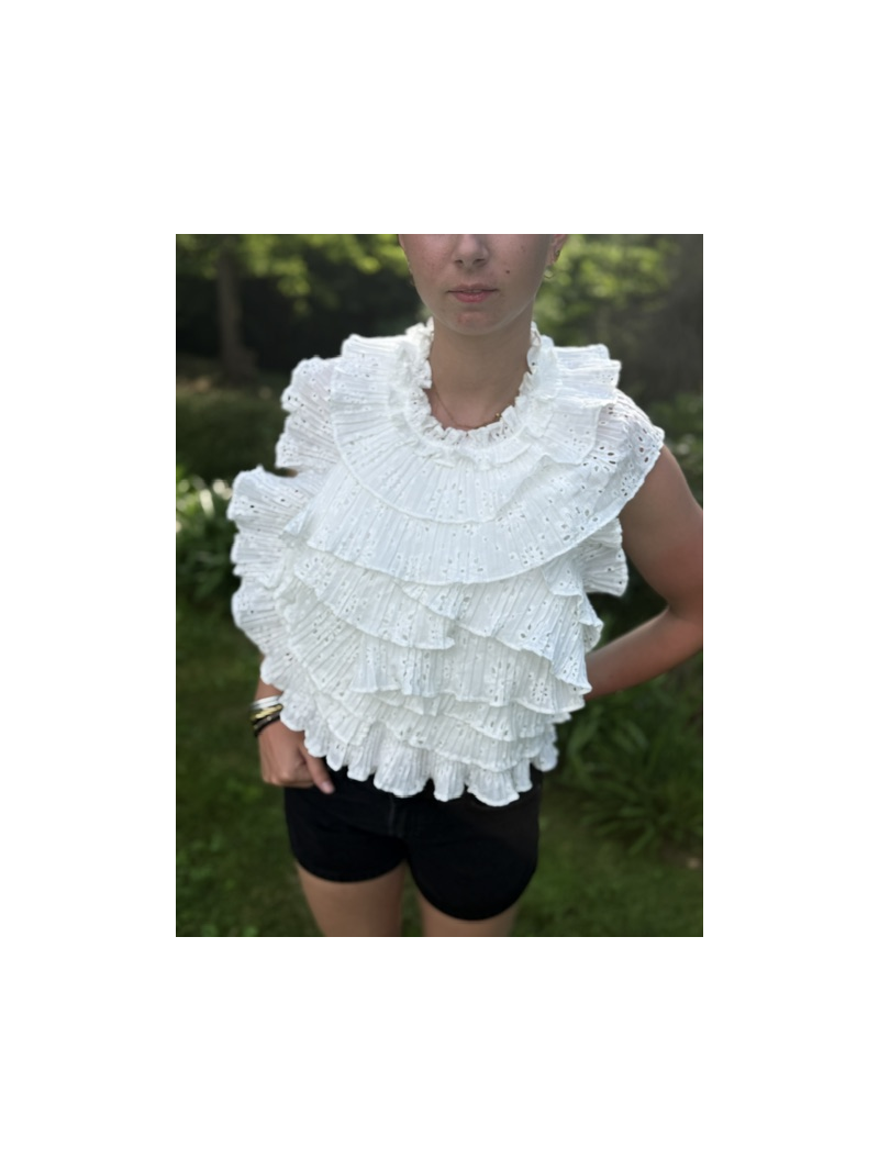 Top dos nu blanc en broderie anglaise à volants plissés Lovely – top femme élégant et tendance