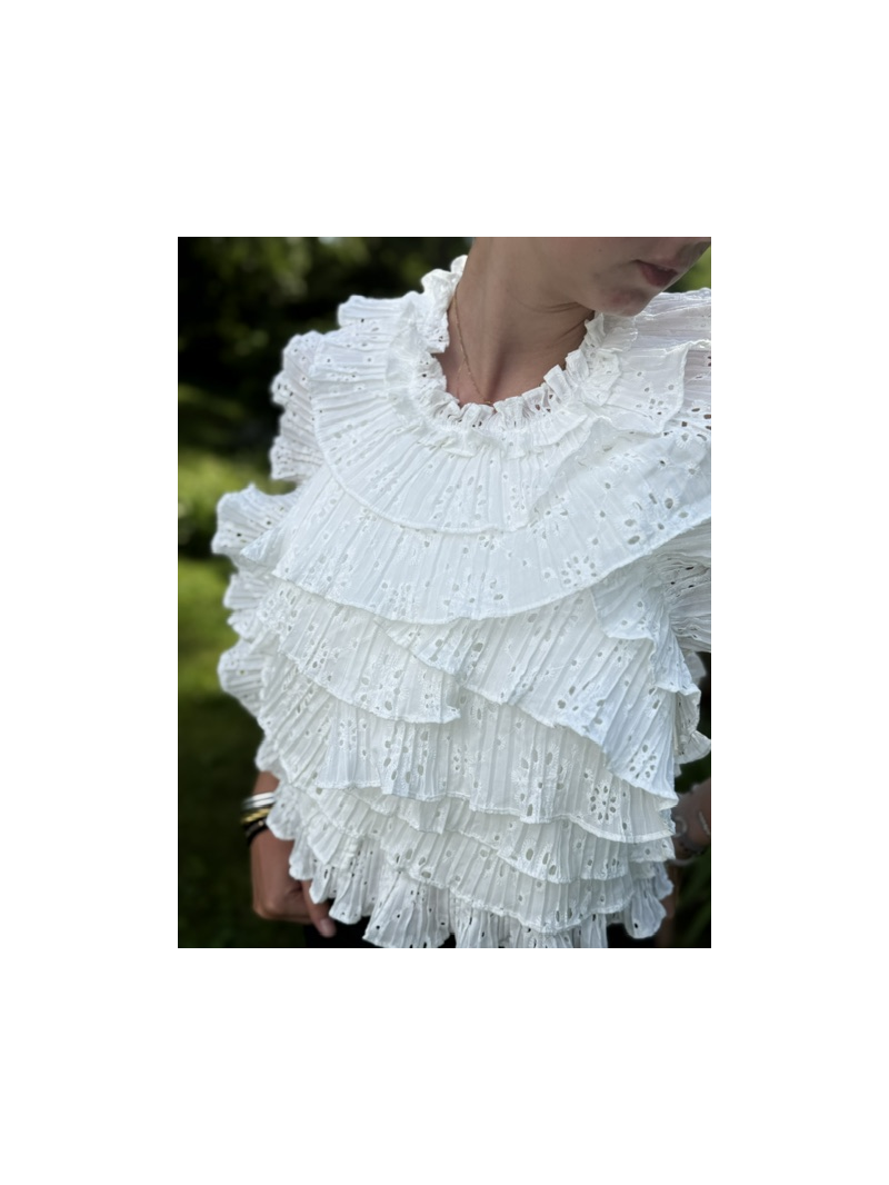 Top dos nu blanc en broderie anglaise à volants plissés Lovely – top femme élégant et tendance