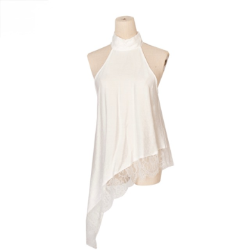 Top satin blanc asymétrique dentelle – Top col montant femme tendance