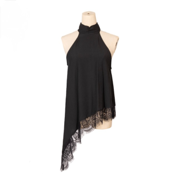Top satin noir asymétrique dentelle – Top col montant femme tendance