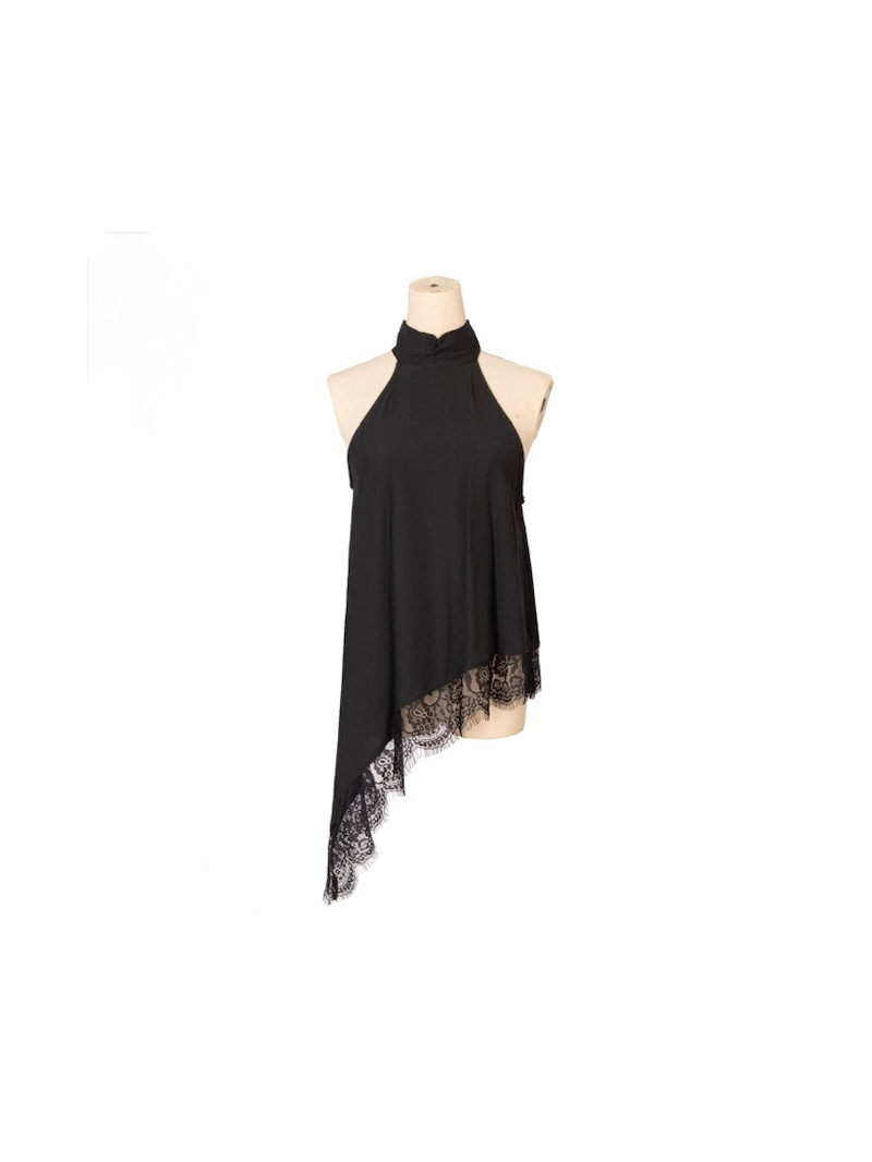 Top satin noir asymétrique dentelle – Top col montant femme tendance Top satin noir asymétrique dentelle – Top col montant femme tendance