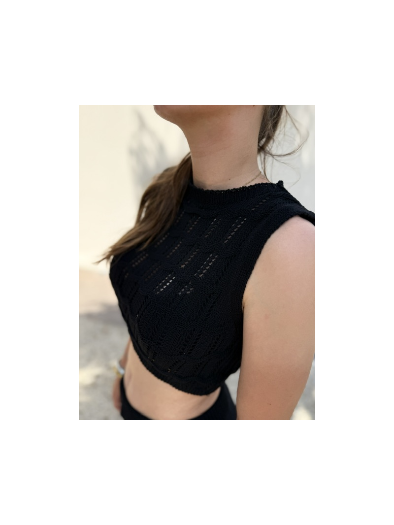 Ensemble Isla en maille coton noir – Top & pantalon ajourés | Sud Access