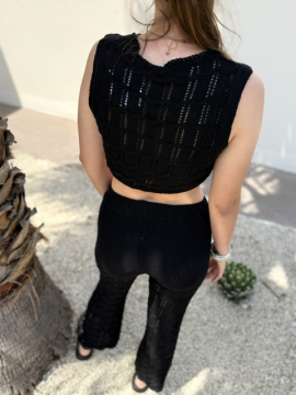 Ensemble Isla en maille coton noir – Top & pantalon ajourés | Sud Access