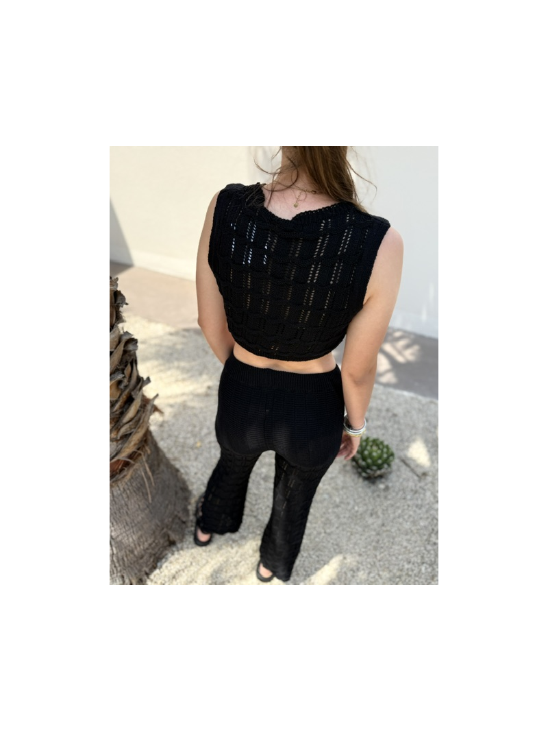 Ensemble Isla en maille coton noir – Top & pantalon ajourés | Sud Access