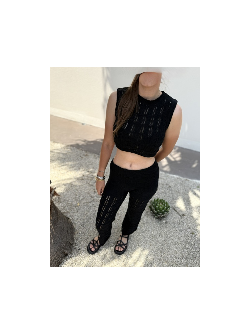 Ensemble Isla en maille coton noir – Top & pantalon ajourés | Sud Access