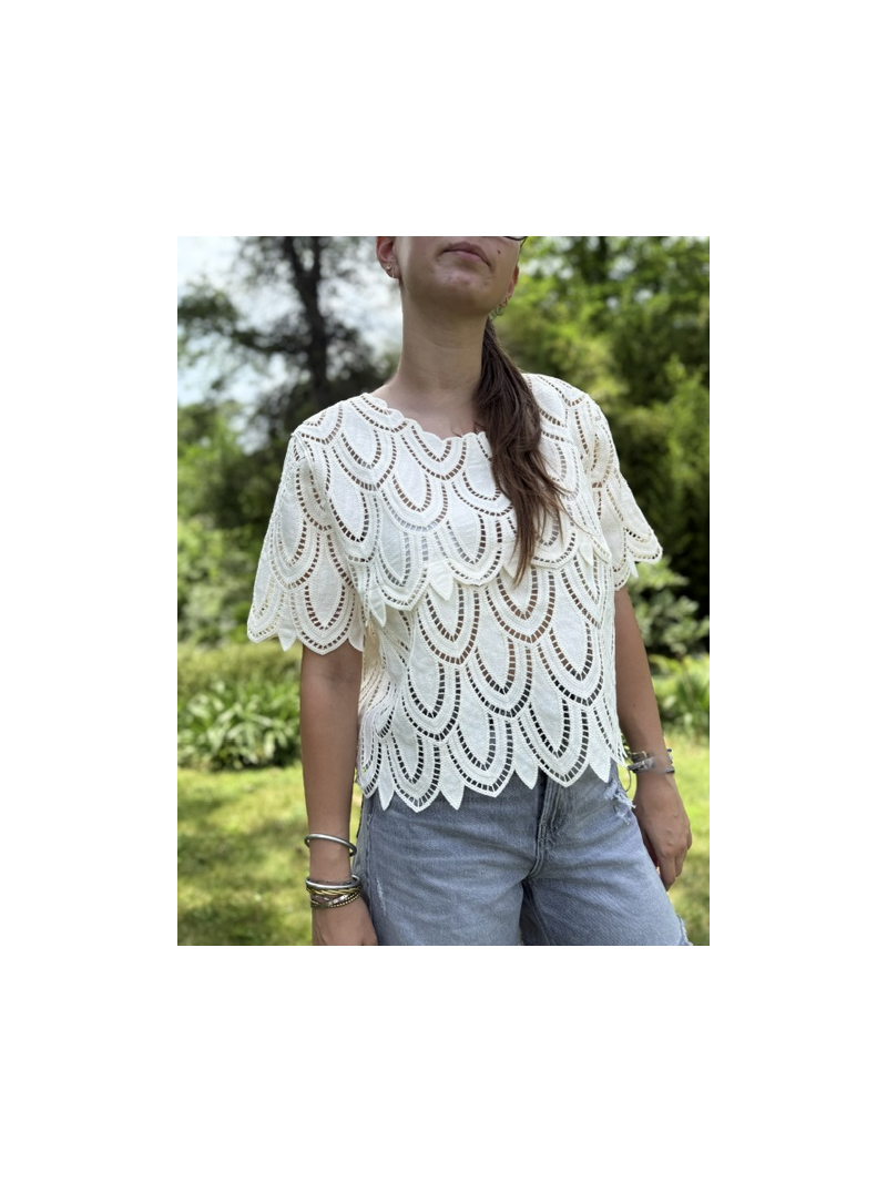 Top ajouré crochet & broderie relief plume – Tendance été femme