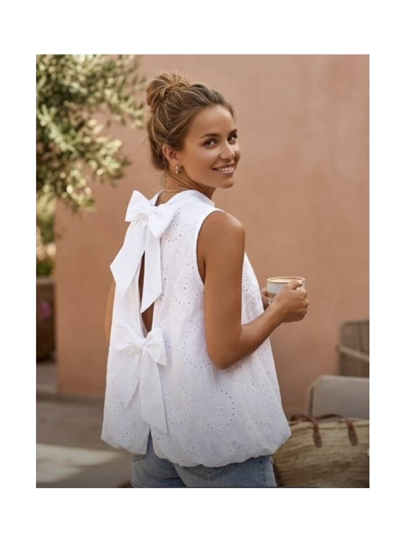 Top Thaïs blanc broderie anglaise dos ouvert à nœuds | Sud Access