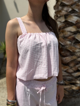 Ensemble vichy rose poudre – Top et pantalon léger femme | Sud Access
