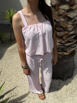 Ensemble vichy rose poudre – Top et pantalon léger femme | Sud Access