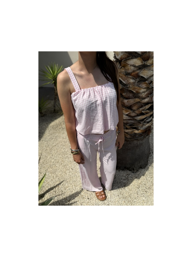 Ensemble vichy rose poudre – Top et pantalon léger femme | Sud Access