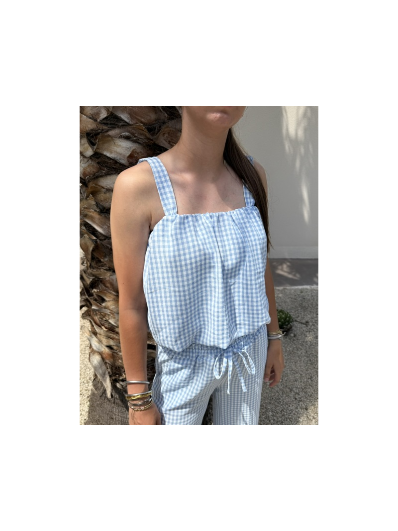 Ensemble vichy ciel – Top et pantalon léger femme | Sud Access