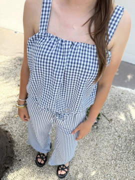 Ensemble vichy marine – Top et pantalon léger femme | Sud Access