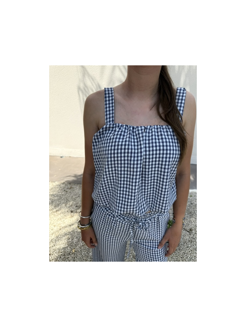 Ensemble vichy marine – Top et pantalon léger femme | Sud Access