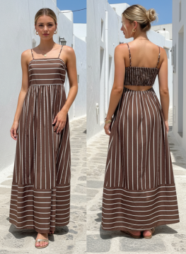 Robe Louisa Taupe Rayée Dos Ouvert Femme | Sud Access Montélimar