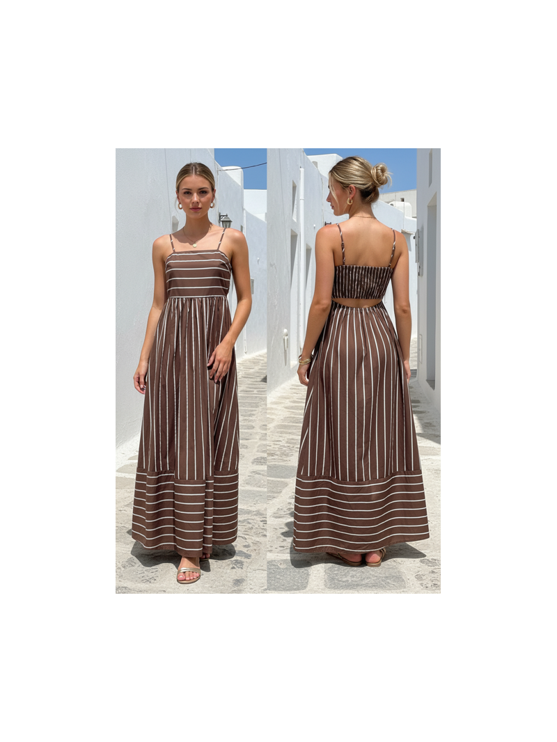 Robe Louisa Taupe Rayée Dos Ouvert Femme | Sud Access Montélimar