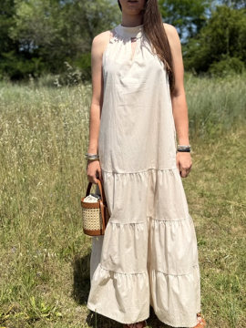 Robe longue popeline beige – Robe femme emmanchure américaine