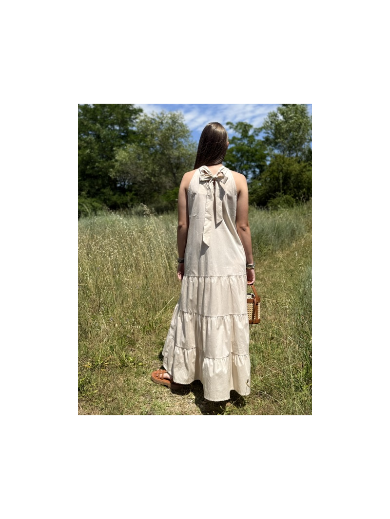 Robe longue popeline beige – Robe femme emmanchure américaine Robe longue popeline beige – Robe femme emmanchure américaine