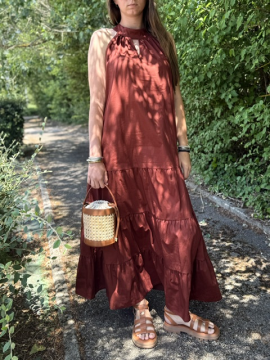 Robe longue popeline terracotta – Robe femme emmanchure américaine