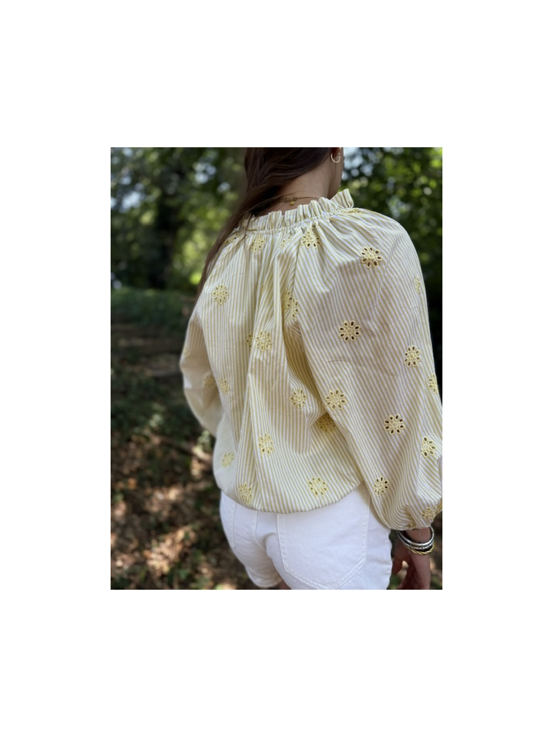 Blouse jaune rayée et brodée femme | Style bohème chic | Sud Access