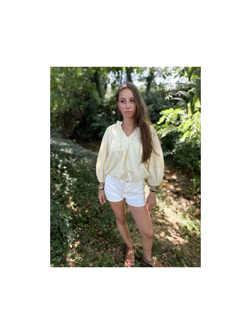 Blouse jaune rayée et brodée femme | Style bohème chic | Sud Access