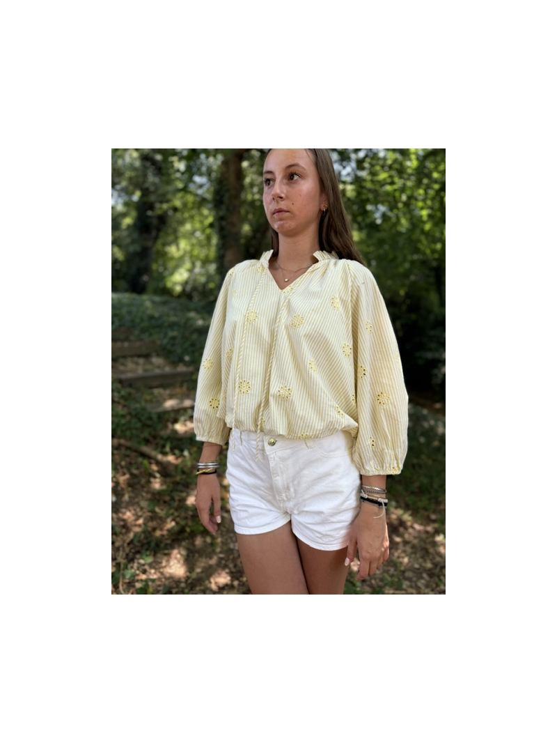 Blouse jaune rayée et brodée femme | Style bohème chic | Sud Access