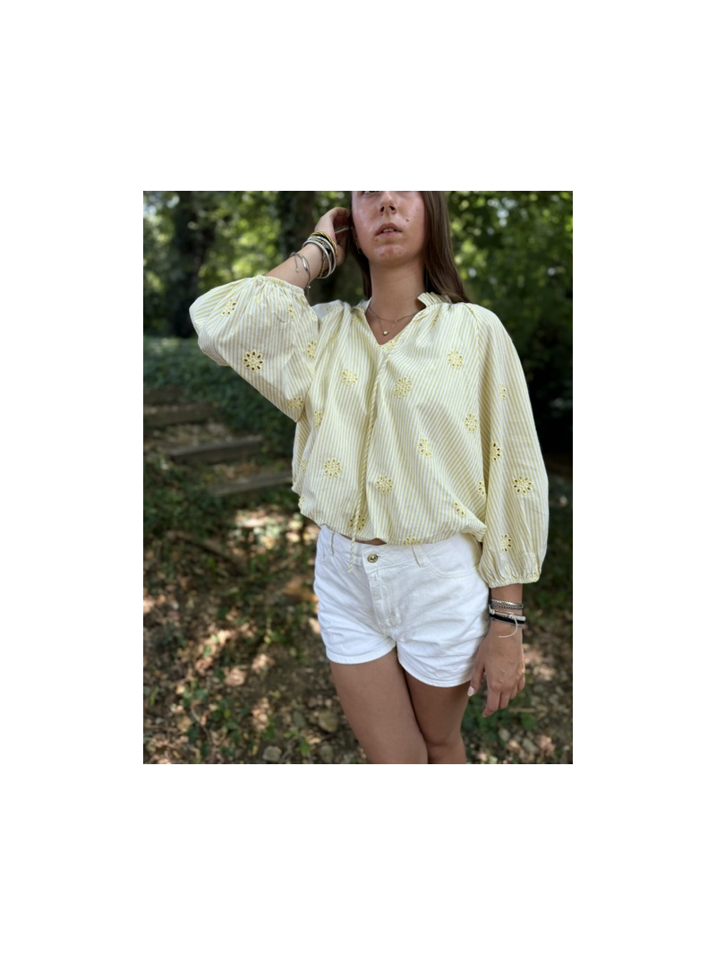 Blouse jaune rayée et brodée femme | Style bohème chic | Sud Access