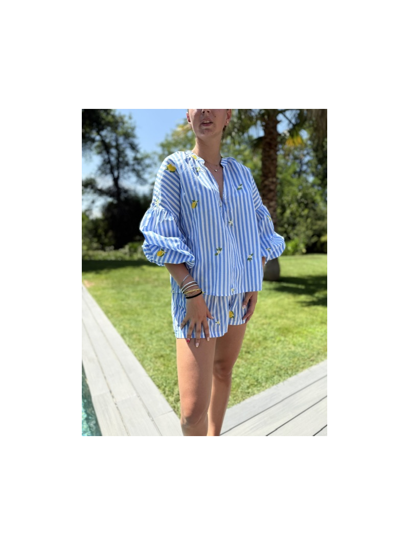 Ensemble Rayé Bleu Brodé Citrons Femme | Sud Access Montélimar Ensemble Rayé Bleu Brodé Citrons Femme | Sud Access Montélimar