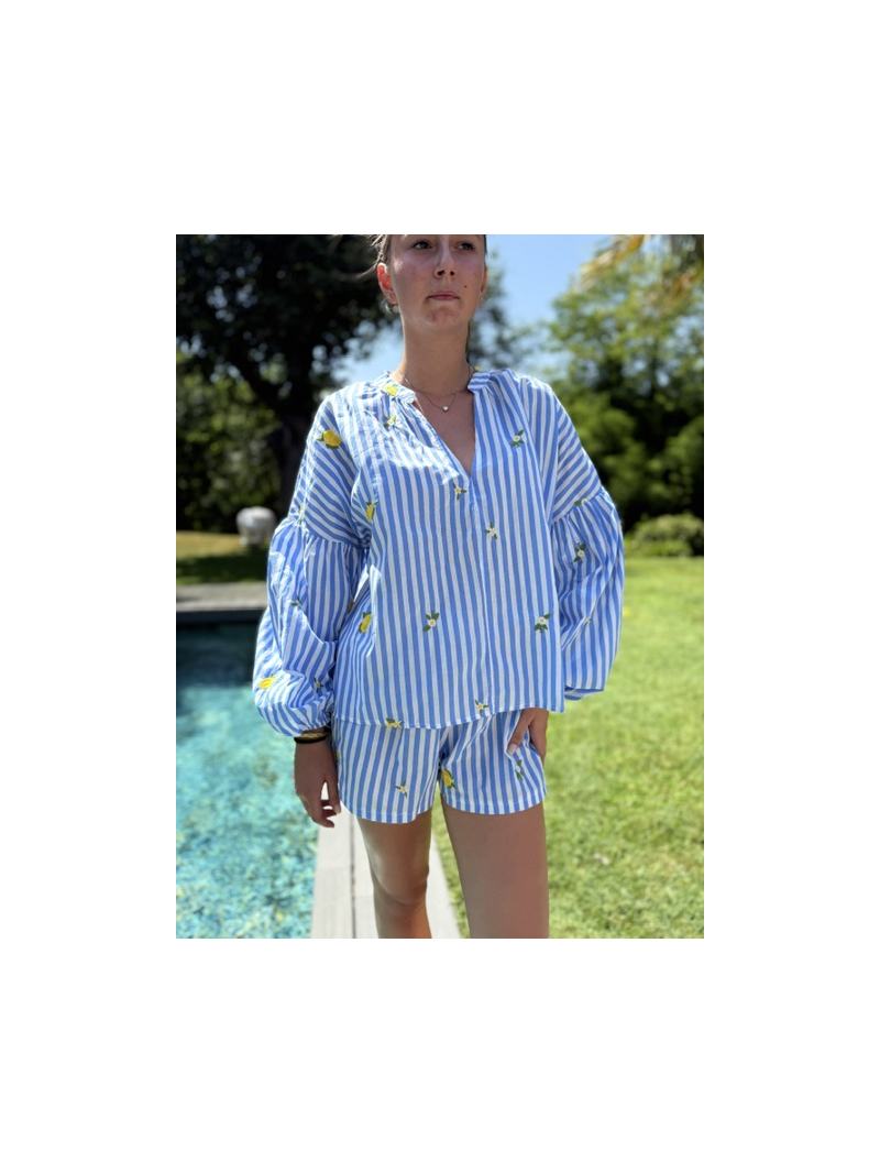 Ensemble Rayé Bleu Brodé Citrons Femme | Sud Access Montélimar Ensemble Rayé Bleu Brodé Citrons Femme | Sud Access Montélimar