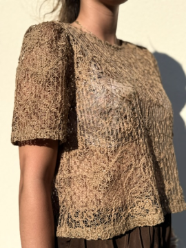 T-shirt Ana camel en maille ajourée et sequins femme