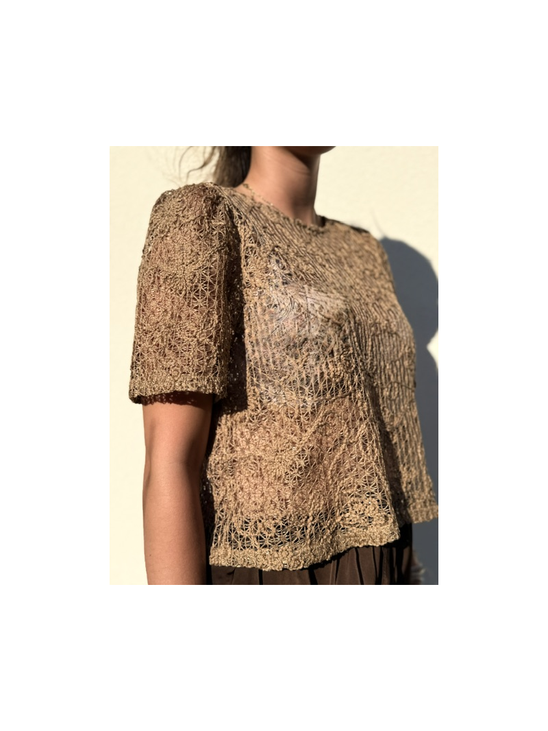 T-shirt Ana camel en maille ajourée et sequins femme