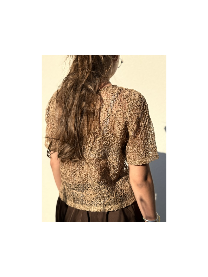 T-shirt Ana camel en maille ajourée et sequins femme