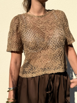 T-shirt Ana camel en maille ajourée et sequins femme
