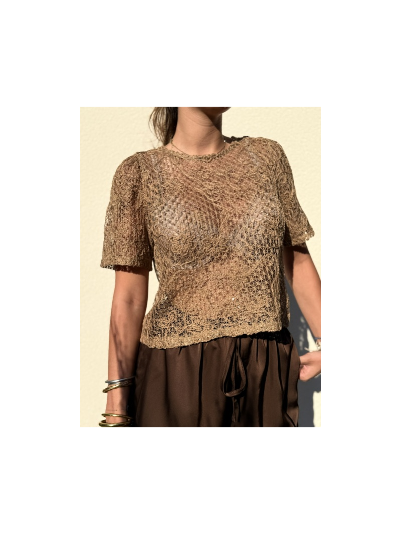 T-shirt Ana camel en maille ajourée et sequins femme