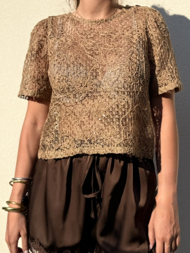 T-shirt Ana camel en maille ajourée et sequins femme