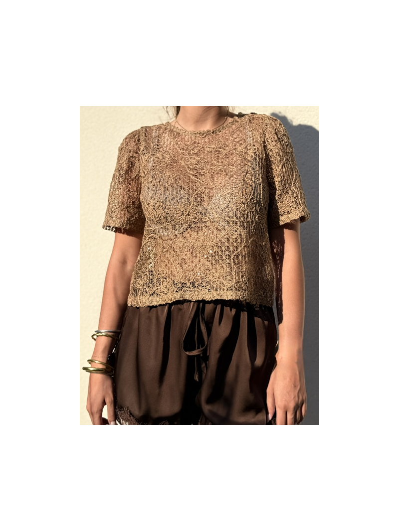 T-shirt Ana camel en maille ajourée et sequins femme