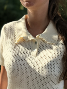 Polo Ralph écru en maille ajourée à col festonné femme