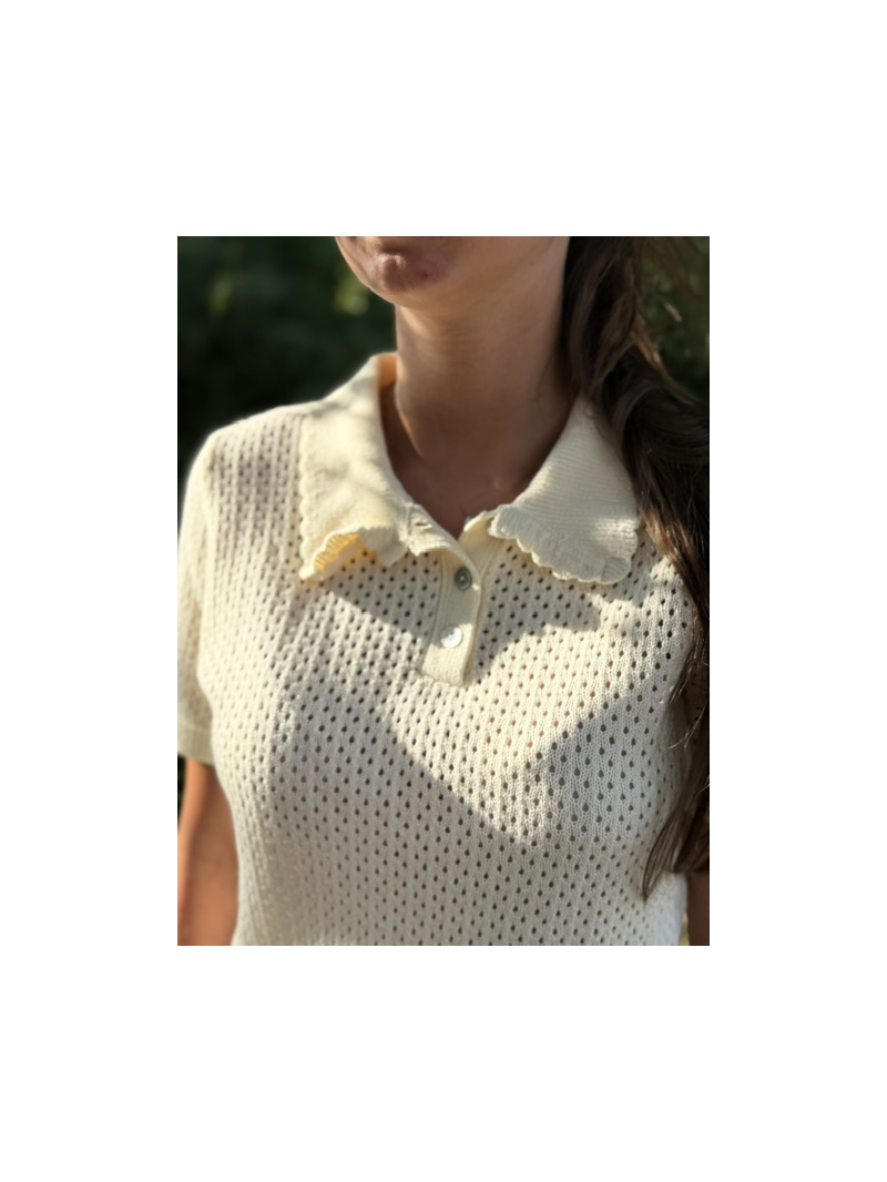 Polo Ralph écru en maille ajourée à col festonné femme