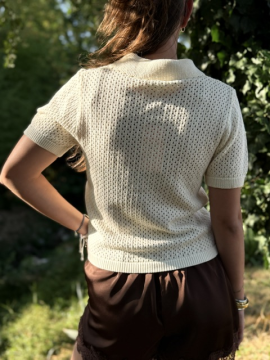 Polo Ralph écru en maille ajourée à col festonné femme