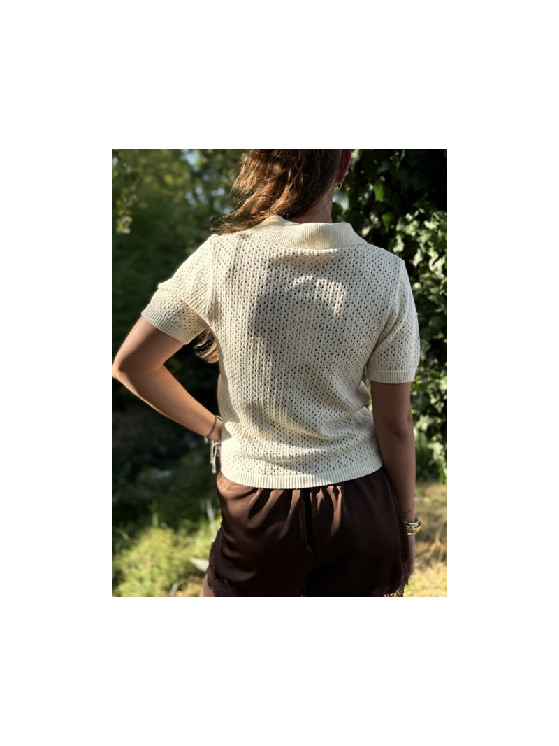 Polo Ralph écru en maille ajourée à col festonné femme