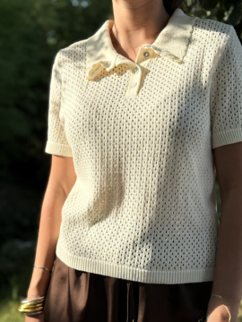 Polo Ralph écru en maille ajourée à col festonné femme
