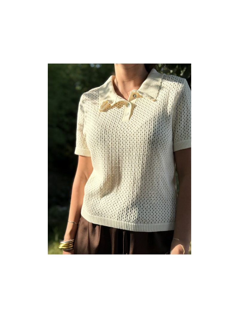Polo Ralph écru en maille ajourée à col festonné femme