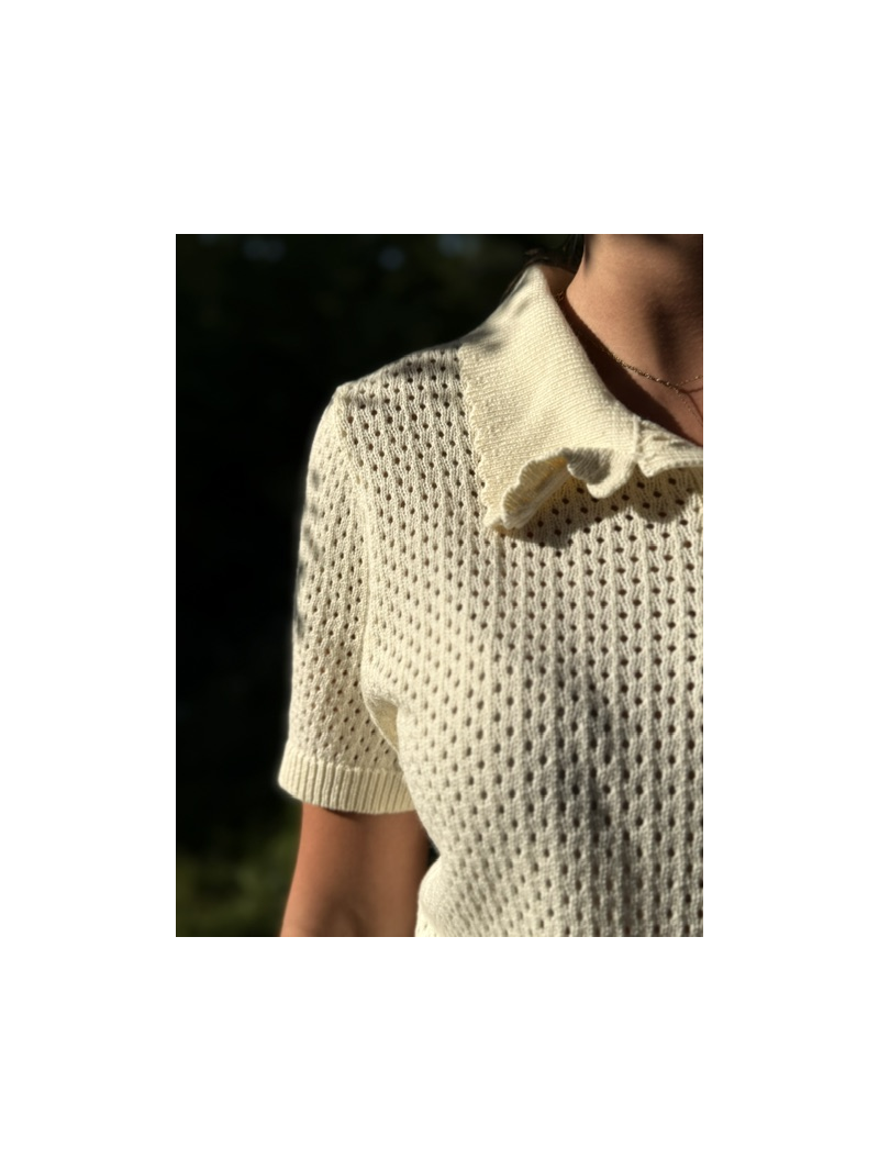 Polo Ralph écru en maille ajourée à col festonné femme