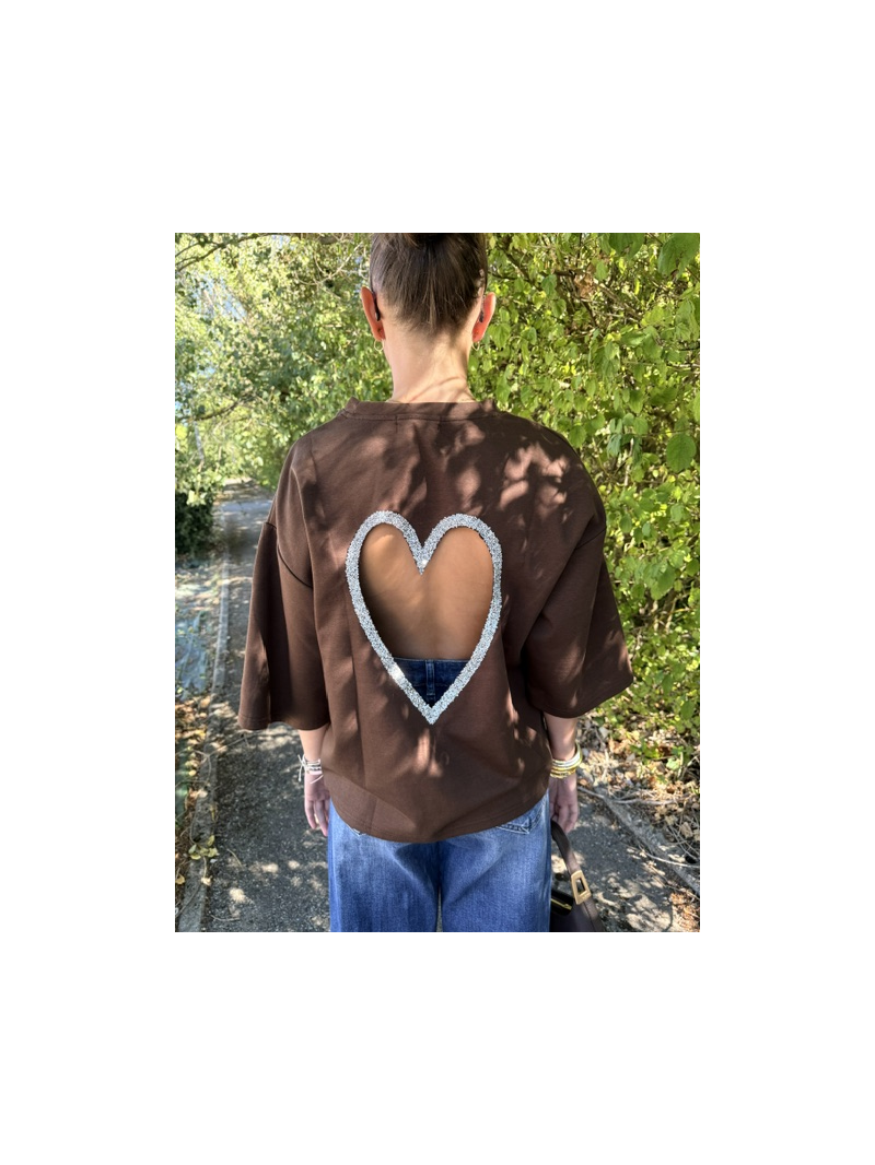 T-shirt Cœur Strass Chocolat Femme Dos Ajouré | Sud Access T-shirt Cœur Strass Chocolat Femme Dos Ajouré | Sud Access