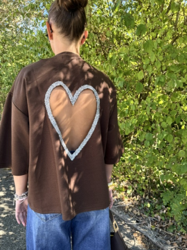 T-shirt Cœur Strass Chocolat Femme Dos Ajouré | Sud Access