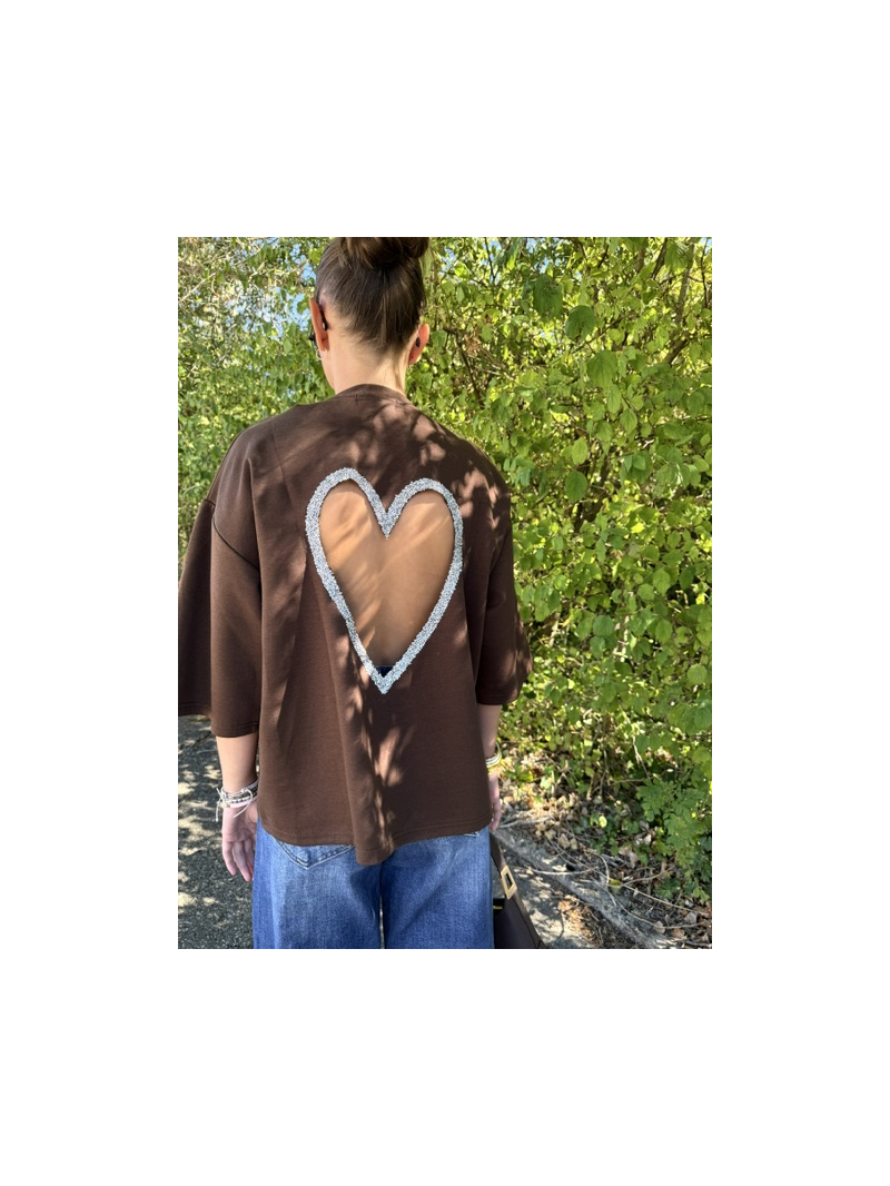 T-shirt Cœur Strass Chocolat Femme Dos Ajouré | Sud Access T-shirt Cœur Strass Chocolat Femme Dos Ajouré | Sud Access